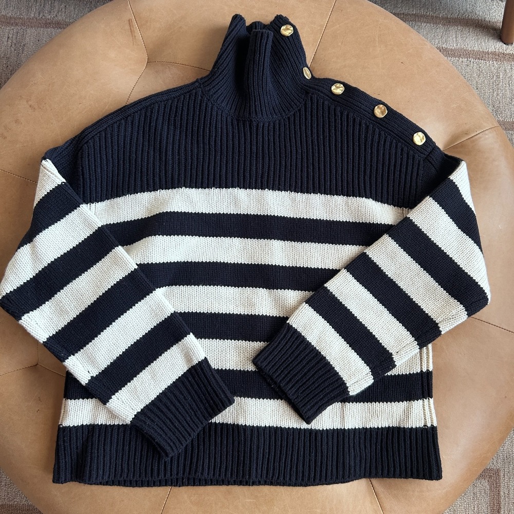 COS Wool Breton Stripe Turtleneck Sweater Womens S Gold Button Nautical Preppy